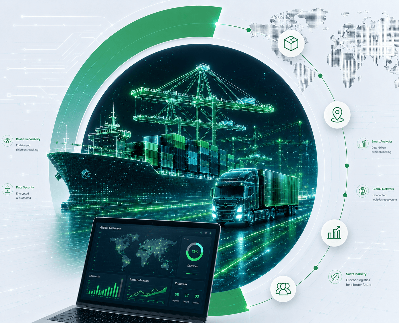 Container ship, truck, and EnviLog control tower dashboard